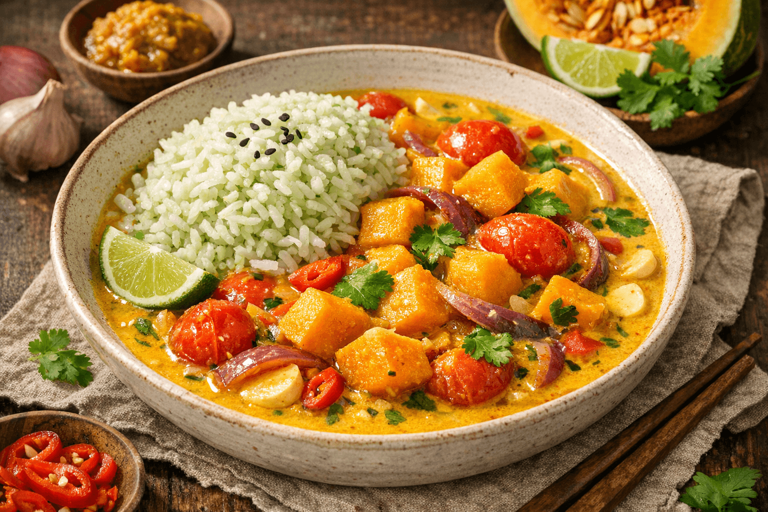 Gele Curry met pompoen en tomaat