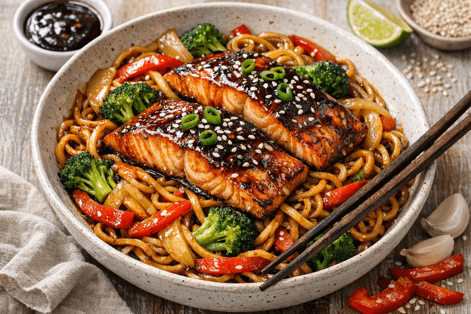 Hoisinnoedels met zalm