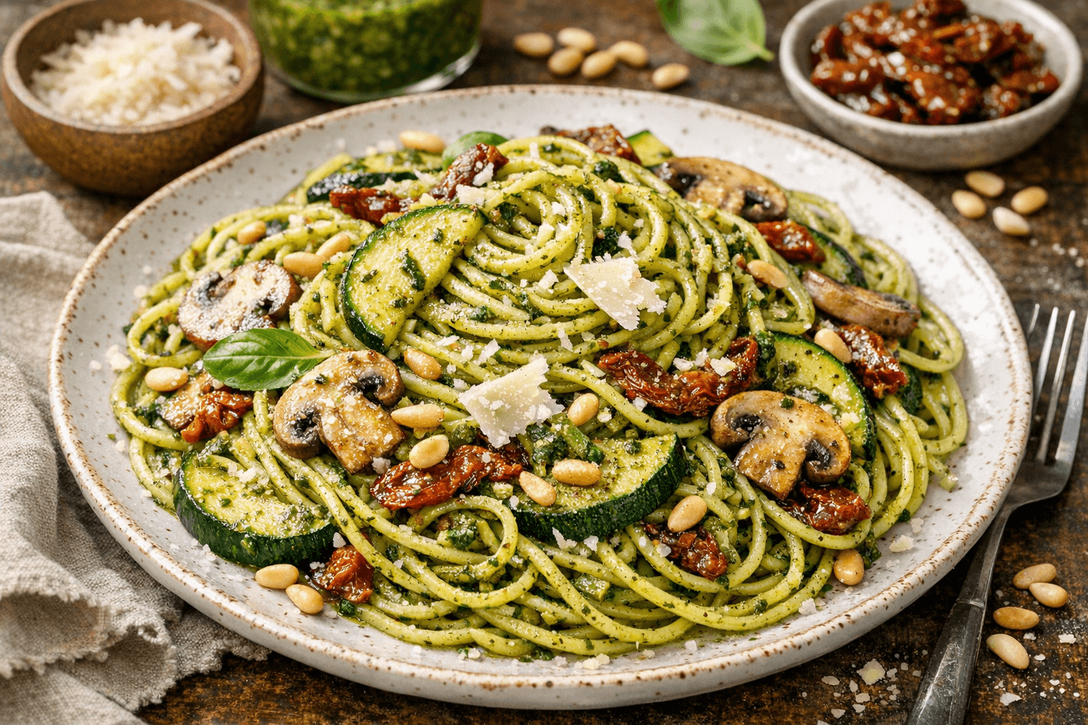 Pesto spaghetti met courgette en champignons