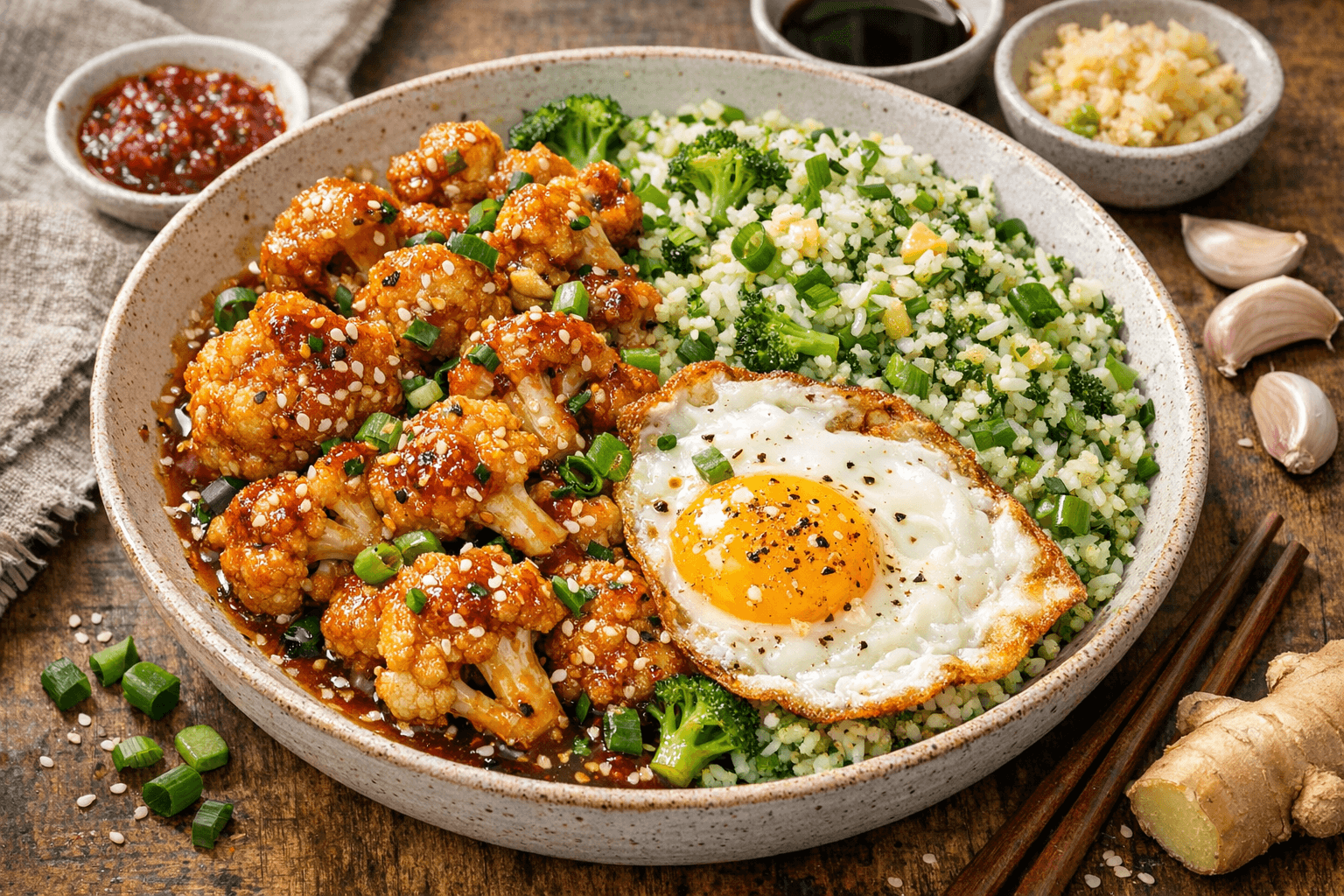 Sticky bloemkool met broccolirijst