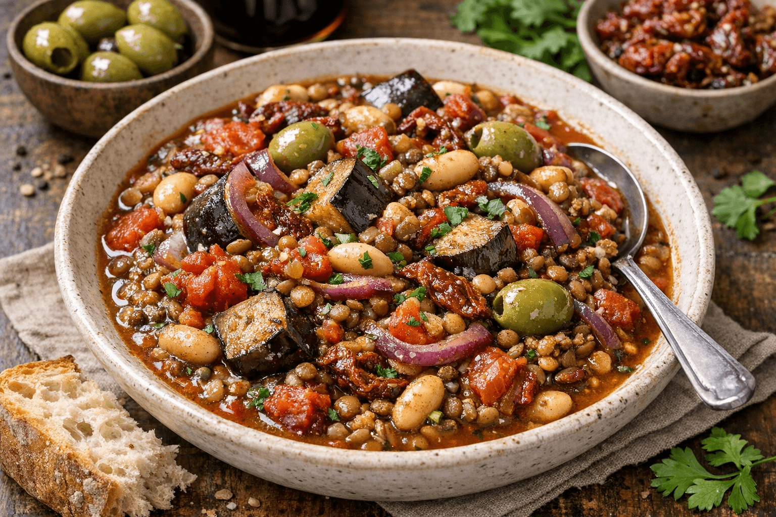 Vegan linzenstoof met aubergine
